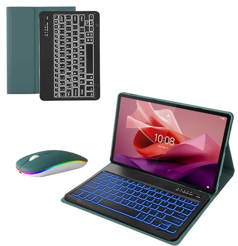 HLTOOP Funda con Teclado para Lenovo Tab P12 12,7 Pulgadas 2023, Contiene Ñ Teclado Desmontable con Retroiluminación De 7 Colores Y Cubierta Trasera Suave, Ratón para Tableta,Green1
