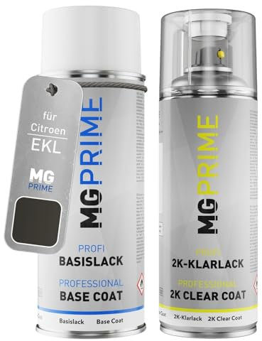 MG PRIME Autolack 2K Spraydosen Set für Citroen EKL Smart Grey Nacre Metallic/Amazonite-Grau Metallic Basislack 2 Komponenten Klarlack Sprühdose