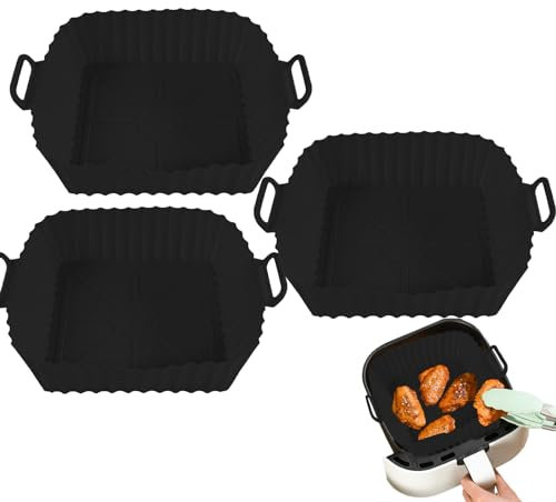 Silicone Air Fryer Liners, 7 inches Airfryer Silicone Liners, 3 Pack Air Fryer Liners Square, Black Reusable Liners Compatible with Ninja Air Fryer Tower Cosori Accessories