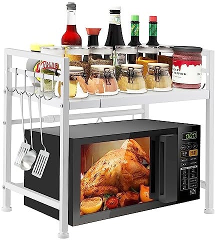 YunNasi Erweiterbares Mikrowellen Regal 2-Stufiges Mikrowellenständer Mikrowellenhalter Organizer aus Kohlenstoffstahl Küchenregal Stehend mit 10 Haken für Toaster, Heißluftfritteuse (Weiß 1)