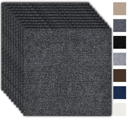 Teppichfliesen 30x30 cm Teppichfliesen Selbstklebend - 10 Stück Set - 0.9m² - Teppichboden, Teppich Fliesen mit Rückendeckung, Strapazierfähiger Teppich Bodenbelag für Haus, Büro, Gewerbe (Dunkelgrau)