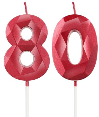 mciskin Red 80th Birthday Candles, 3D Number 80 Candles for Cake, Women Men 80th Birthday Decorations,Pearl Red Candle Cake Topper Decorations for Birthday Party Weddings Anniversary Supplies