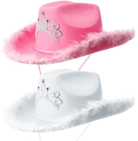 Lvefyti 2 Stücke Cowboy Hut Pink Weiß,Cowboyhut Damen,Flauschige Federkrempe Cowboyhut mit Strass,Cowgirl Hut für Herren Damen Halloween Karneval Cosplay Kostümparty