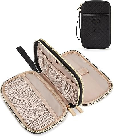 bagsmart Cable Organiser Bag Electronic Accessories Storage Case Holiday Travel Essentials Tech Pouch for Charger,Charging Cable,Flash Drive, Quilted Double Layer - Black