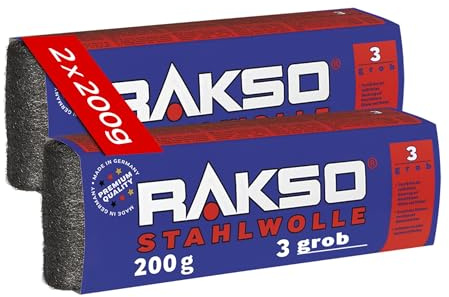 RAKSO Stahlwolle grob 3-400 g, 2 Banderolen à 200g, verstärkt natürliche Maserung v. Holz, äubert Glas, aufrauen von altem Lack, Farbe