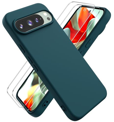 Ikziwreo Funda para Google Pixel 9/Google Pixel 9 Pro, con 2 Pack Protector de Pantalla de Vidrio Templado, Carcasa de Silicona Suave, Case de Goma a Prueba de Choques a los Arañazos - Verde Noche