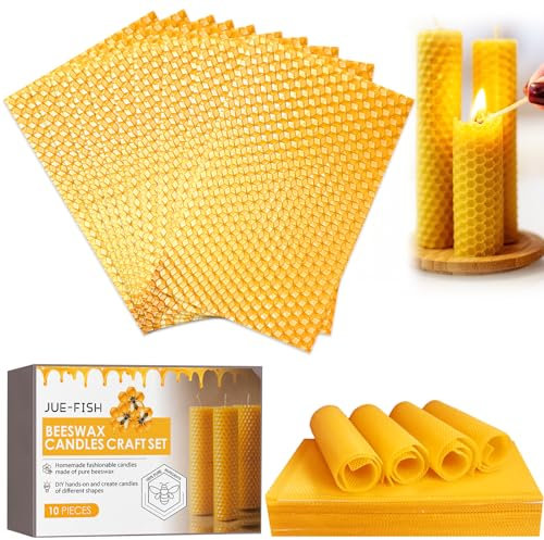 Vela de Miel de Abeja Natural 100% Cera de Abeja Pura,10 PCS Placas de Cera de Abejas para Velas,Velas de Cera de Abejas,13.3 x 9cm,Hechas a Mano,Para la Apicultura y los Apicultores Aficionados