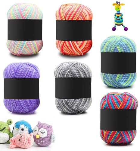 Filato per Uncinetto, Filato Acrilico per Lavori a Maglia, 6 Pezzi da 50 g di Filato per Lavori a Mano in Cotone, Set di Filati Morbidi e Multicolori per Lavori a Maglia, 6 Colori Misti Sfumati
