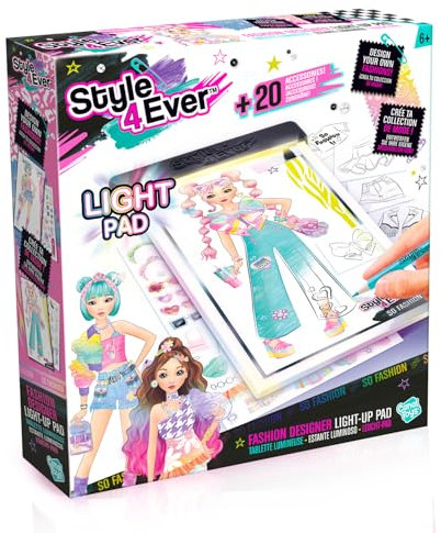 Canal Toys Tablette Lumineuse - Mode avec Kit Créatif Complet - Table Dessin LED avec Crayons, Pochoirs et Stickers - Set Design Vêtements avec Accessoires pour Enfants
