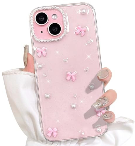 NITITOP Kompatibel mit iPhone 13 Hülle Klar Süßes 3D Schleife Niedlich Durchsichtig für Frauen Mädchen Glitzer Muster Perle Design Bling Sparkly Schutzhülle Handyhülle - Rosa