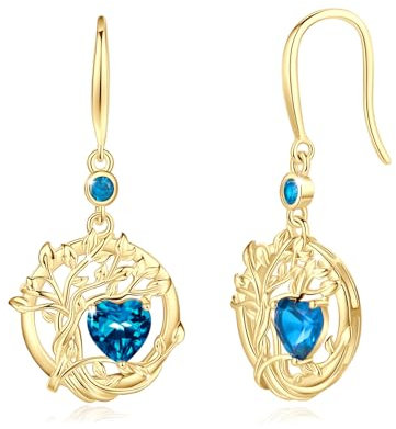 FANCIME Tree of Life Earrings 925 Sterling Silver Yellow Gold Plated Blue Topas Dangle Drop Gemstone Earring November December Birthstone Fine Jewellery Birthday Christmas Gifts for Her Women