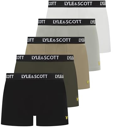Lyle & Scott Men’s Miller 5 Pack Cotton Trunk Boxer Shorts - Comfortable Stretch Fabric with Branded Waistband (UK, Alpha, L, Regular, Regular, Bright White/Mirage Grey/Silver Sage/Beetle/Black)