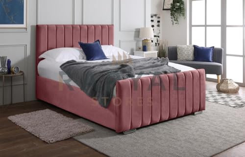 Rapyal Velvet Upholstered Panel Bedframe with Optional Ottoman Storage – Modern Design, Multiple Sizes & Colours (Pink, Small Double)