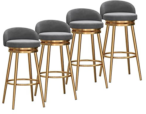 Barhocker 4er Set Thekenhöhe Barhocker 360° Drehbar Barhocker mit Rückenlehne Gold Rahmen Samt Gepolsterter Hocker für Küche Arbeitsplatte Grau