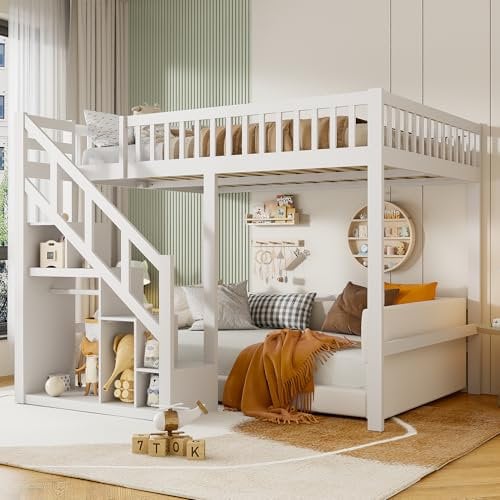 Fofetbfo Etagenbett für Kinder mit Treppe rechtwinklig 140 x 200 cm, Hochbett für Kinder mit Stauraum, Fallschutz, Hüttenbett für Kinder, Doppelbett, Einzelbett, weiß