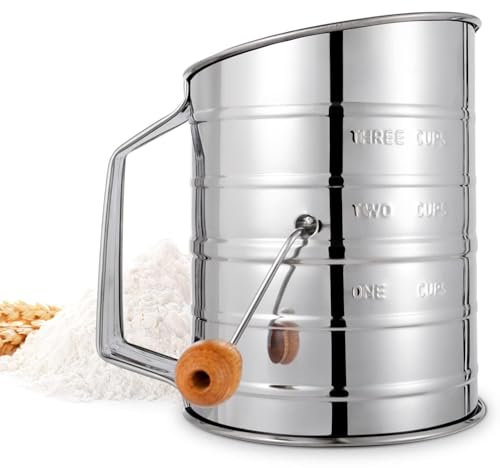 3 Cup Flour Sieve Stainless Steel Hand Crank with Measurement Markings Crank Sifter Flour for Baking Cakes and Spices 