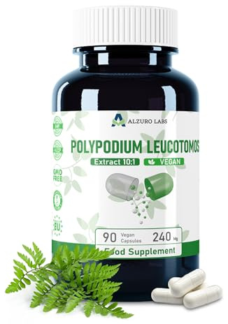 Alzuro Labs Polypodium leucotomos | 2.400 mg Äquivalent | Hochdosiert 240 mg 10:1 Farn-Extrakt | 90 vegane Kapseln | GMP & Laborgeprüft
