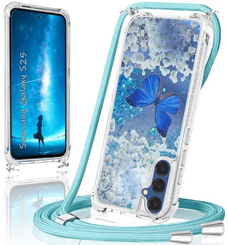 XCYYOO Handykette für Samsung Galaxy S25 5G Hülle mit Band,Handyhülle für Samsung S25 5G Glitzer Schmetterling mit Kette TPU Bumper Kratzfest Transparent Stoßfest Schmetterling Schutzhülle mit Kordel