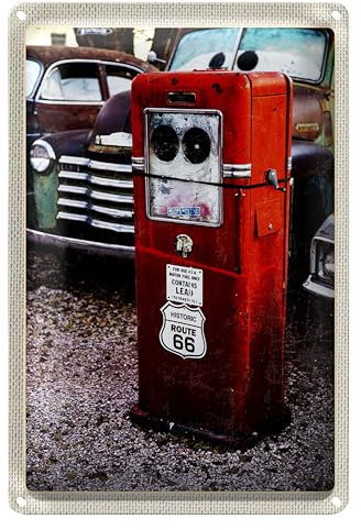 Plaque en tôle vintage - Route 66 - Vieille pompe à essence - Décoration nostalgie - 30 cm x 40 cm