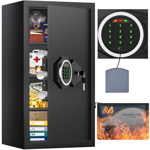 Mejasg 80L Large Home Safe Box with Combination Lock and A4 Fireproof Bag | Backlit Keypad, Alarm and Silent Mode, 3 Removable Shelves, Heavy Duty Anti-Theft Steel, for Home Office Medicine A4 Document