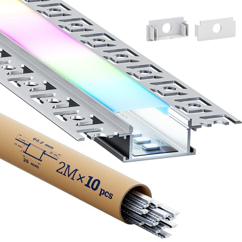 HOOLED 10 x LED Trockenbauprofil 2m - Aluminium Profil Schiene Unterputz mit Diffusor - LED Einbaukanal für indirekte Deckenbeleuchtung, Gipskarton, Wand und Decke
