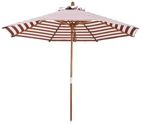 Großer Sonnenschirm für den Außenbereich, gestreift, 2,2 m, Gartenschirm mit Seilzug, belüfteter Strand, faltbar, Holzstange