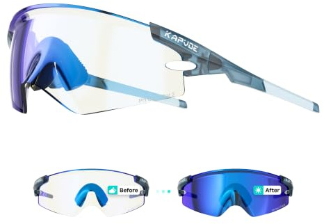 KAPVOE Selbsttönende Fahrradbrille UV400 Herren Damen K410 | Klar zu Dunkel photochromatisch CAT.1-CAT.2, 5-stufige Bügel mit Metallkern, UV400, Belüftung