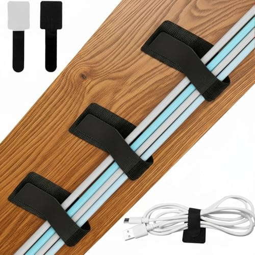 50 PCS Under Desk Cable Management Kit - Self-Adhesive Hook Loop Cable Ties & Clips, Small Black Wire Organizer for TV, PC, Laptop, Ethernet, Desktop