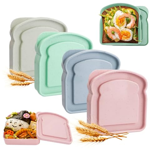 DIYJEP 4 Porta Sandwich Reutilizable con Tapa, Fiambrera | Porta Sandwich Plástico Reutilizable, Forma Toast, Antifugas para Picnic, Colegio, Oficina, Meal Prep