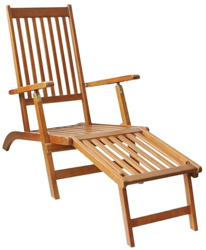 HaoChrymec Gartenliege mit Fußteil aus Akazien-Hartholz, Verstellbare Rückenlehne, Klappbar, Liegestuhl Garten, Camping Liegestuhl, Outdoor Liege, Farbe: Natur, 168 x 55 x 72 cm