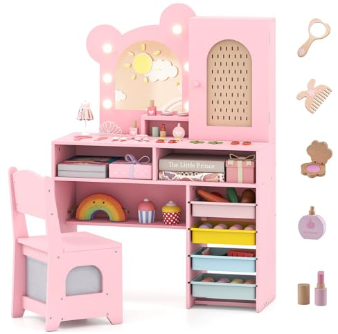 COSTWAY Schminktisch Kinder in Bärform, Kinderschminktisch mit Beleuchtung, Spiegel, Schrank, 5 Schubladen & Fächern, Frisiertisch Prinzessin aus Holz, Kosmetiktisch Set für Mädchen ab 3 Jahren (Rosa)