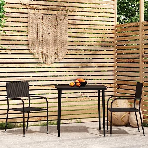 QJBSAVVA Balkon-Set 3-TLG. Schwarz, Stahl/PE-Rattan, 80 cm Tisch + 2 Stapelstühle, platzsparend