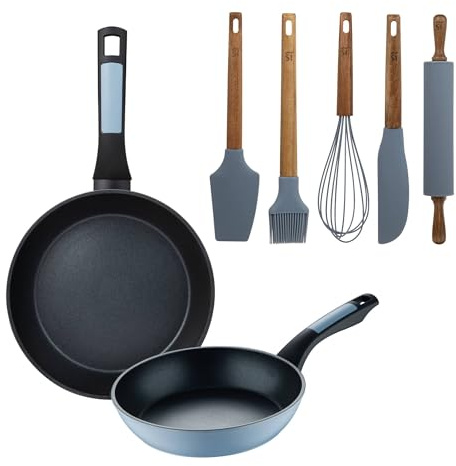 Set mit 2 Pfannen, Ø 20 x 26 cm, aus gepresstem Aluminium, Blau + Set mit 5 Küchenutensilien aus Silikon und Holz NOIA San Ignacio
