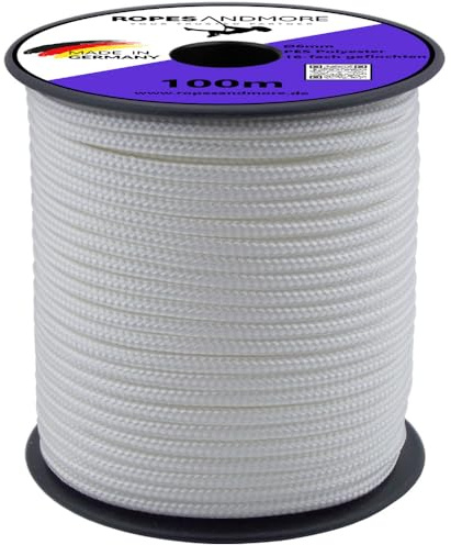 Ropes and More Corde en polyester tressée, Ø 2,5 mm à 10 mm, 50 m, 100 m, blanche, 6 mm – 100 m