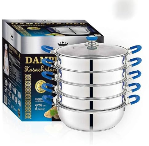 Dampfkocher Kasachstan Edelstahl 6-teilig – Mantykocher - Asia Serie – Hochwertiger Dampfgarer für alle Herdarten (Induktion, Gas, Elektro) – Spülmaschinengeeignet (28 cm)