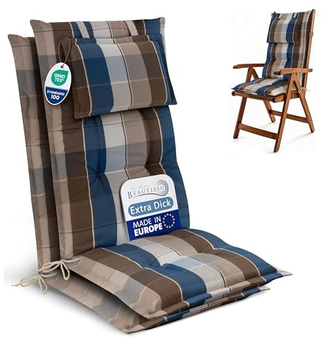 Beautissu 2er Set Gartenstuhlauflagen Hochlehner Auflagen UV-Lichtecht | 120x50cm 7cm Polster Braun Blau Kariert Sitzauflagen Sitzpolster Gartenmöbel Gartenstuhl Auflage Sitzauflage HighLux HL