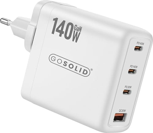 GO SOLID! Ladegerät 140W USB-C Netzteil mit 4 Anschlüssen 3x USB-C, 1x USB-A Schwarz