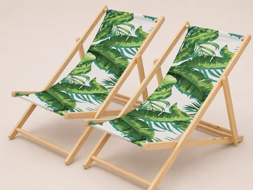 Liegestuhl klappbar aus Holz – Strandliege & Gartenliege mit Verstellbarer Rückenlehne, belastbar bis 120 kg, Gartenliege, Relaxliege für Garten, Balkon & Terrasse (Tropical Grün-Weiß, 2er Set)