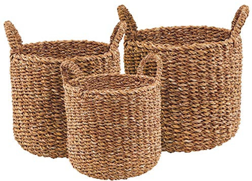 Boltze Korb Sophy 3-teilig (rund, mit Griffen, Aufbewahrungskörbe aus Seegras, natürliche Farben, Deko-Körbe im Boho Stil, Skandinavisch, ø 30-40 cm) 2952500
