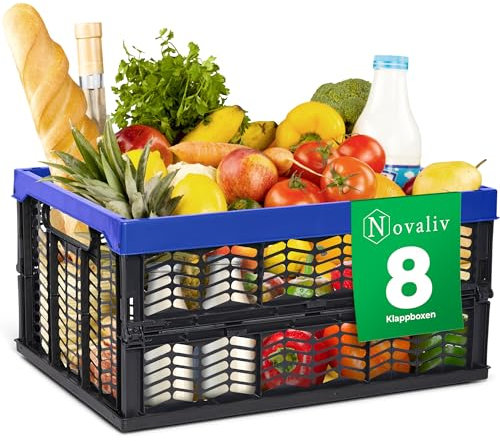 Novaliv Klappboxen faltbar stabil 8x 30L Blau Schwarz baskets Einkaufskiste Klappkisten Set Tragebox Aufbewahrung Einkaufskörbe Körbe Aufbewahrung Küche