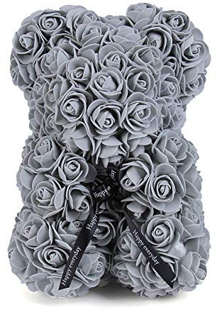 FeiWen Rosenblumenbär 10 Zoll Teddybär Künstliche Blumen Muttertag,Valentinstag, Jubiläum Mit Brautdusche (grau)