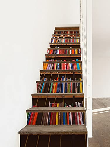 A.Monamour 3D Self-Adhesive Removable Stair Stickers Old Sweden Public Library Book Shelf Bookcase Vinyl Stair Riser Decals Kitchen Tile Stickers Mural Wall Stickers Wallpaper 13 Pieces