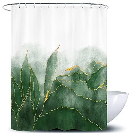 De-Mediocre D&M Marmor-Duschvorhang Ombre Grün Gold, Modern für Badezimmer Kunst Dekor, Grün Golden Linien, gestreifter Stoff, wasserdichtes Polyester, 183 x 183 cm