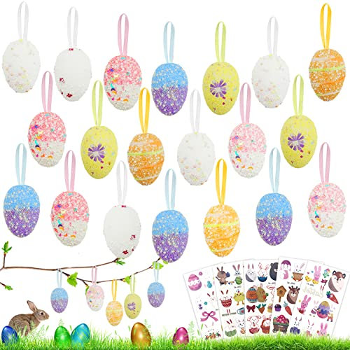 Ourdort 24 Stück Ostereier Deko, Deko Ostern Eier,Ostereier Styroporeier, Ostereier aus Kunststoff mit Band,Osterdekorationen, Ostereier zum Aufhängen für Dekoration und Geschenk