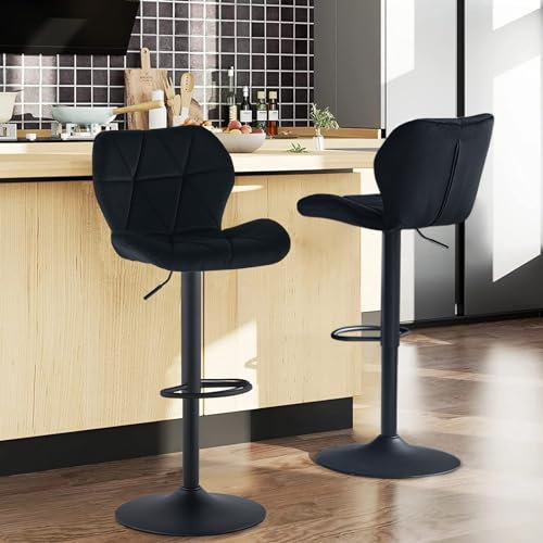 LEMROE Barhocker aus Samt, 2er-Set, höhenverstellbar, 360° drehbar, Barhocker mit Rückenlehne und Fußstütze, Frühstückstheke, Hocker, stabile Basis für Zuhause, Küche, Pub, Restaurant (Samt, Schwarz)