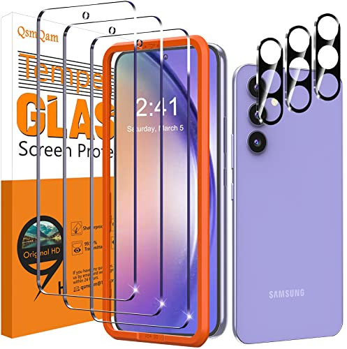 QsmQam 3 Piezas Protector de Pantalla para Samsung Galaxy A54 5G con 3 Piezas Protector de Lente de Cámara, Ultra HD Cristal Templado, Dureza 9H, Anti Arañazos, Sin Burbujas