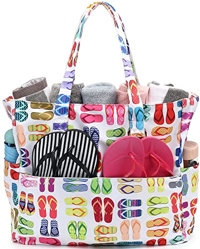 LEDAOU Große Strandtasche Damen Umhängetasche Handtasche wasserdicht sanddicht mit Reißverschluss Strandtasche für Pool Fitnessstudio Reisen mit Nasstasche (Hausschuhe)