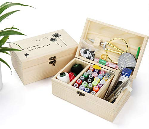 Joyeee Holz Nähset - Premium Nähanzugbox mit kompletten Nähzubehör für Ausbessern von Kleidung, DIY Hobby Haushalt Nähwerkzeuge für Oma Mutter Mädchen Anfänger, Tragbare für Reise und Notfall#2