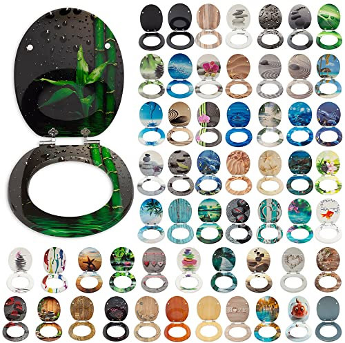 SG Traders® Toilet Seat with Soft Close - Wooden Toilet Seat Cover with Zinc Alloy Hinges, Comfortable Toilet Seat Covers with Colorful Designs Easy to Install, Assembly (Bamboo Palm)