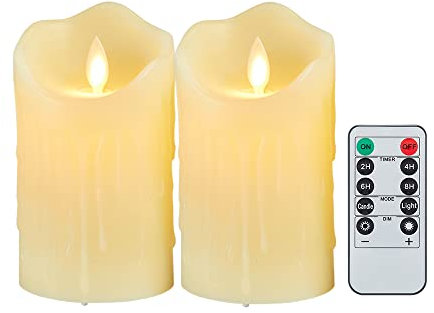 Lonkenn LED Kerzen【2 Stück】, Kerzen mit Wachstropfen, Halloween Kerzen, LED Kerzen mit Fernbedienung, Flammenlose Flackern LED Kerzen, Batteriebetriebene Outdoor LED Kerzen mit Timer (15cm - Ivory)